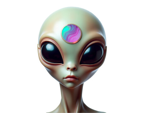 Photorealistic depiction of an enigmatic alien, featuring its distinctive physical attributes and a captivating symbol on its forehead, creating an aura of mystery