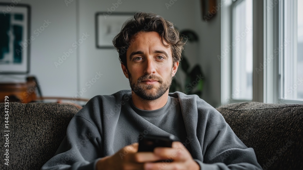 Poster a relaxed man enjoys his time on a comfortable couch, lost in the world of his mobile device. sunlig