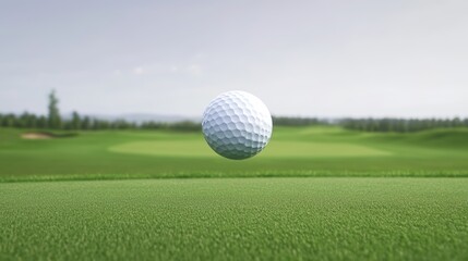 Fototapeta premium A white golf ball is sitting on a green grass field. The ball is in the foreground and the grass is in the background