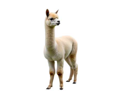 Portrait of an Alert Alpaca, A Majestic Creature Standing Tall with Ears Perked, Showcasing its Distinctive Charm and Elegance Against a Plain Backdrop