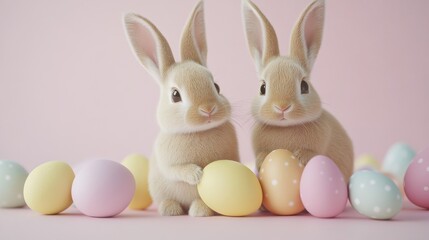 Obraz premium Cute easter bunnies and colorful eggs with light pink background. Easter, bunny, egg.