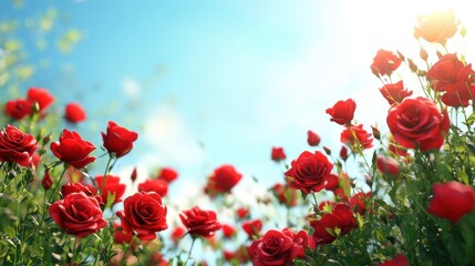 A large arrangement of red roses in the bottom left corner, spring summer background