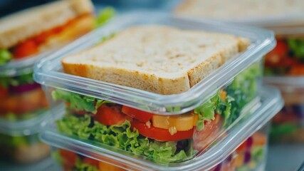 Close-up shot of a sandwich wrapped in plastic container, ideal for food or recipe illustrations