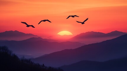 Fototapeta premium Sky sunset birds mountains high resolution hd background