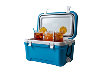 Refreshing drinks chilling in a cooler box, the perfect companion for outdoor activities, ensuring your beverages are always cool and readily available for enjoyment