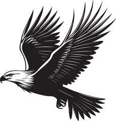 A black vector illustration shows an eagle in powerful flight, its wings spread wide in a wild, natural silhouette