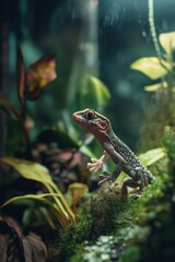 Obraz premium A vibrant lizard perched among lush foliage, showcasing its unique colors and texture in a serene, natural setting.