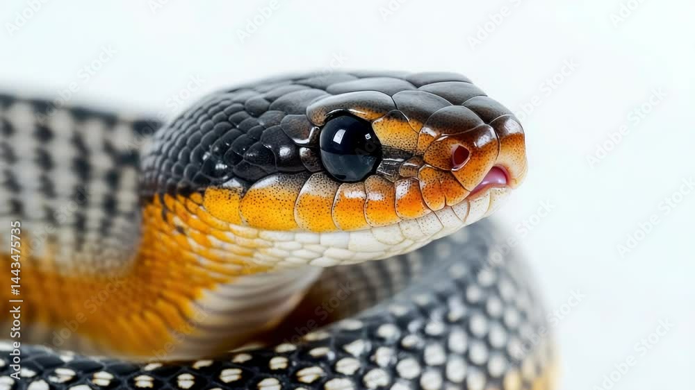 Poster a close-up view of a snake's head and body on a white background, ideal for use in educational or sc