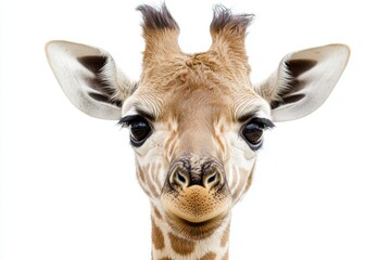 Obraz premium Close-up Portrait of a Young Giraffe Against a White Background