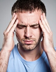 Fototapeta premium Man suffering from severe headache. AI Model.