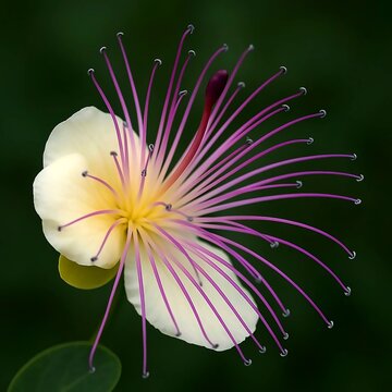 Beautiful blooming flower shoot in the public space. Exotic flower with white petals and purple. Very interresting blossom. A real flower image enhanced with AI. Kebere, Gebre, Kapari flower.	
