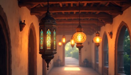 Luminous Lanterns in a Corridor: A captivating photograph showcases the mesmerizing beauty of intricate lanterns hanging in a softly lit corridor, emanating a warm, inviting ambiance.