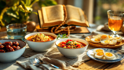 Delicious hearty meal served on a rustic table with traditional dishes and a book during the afternoon