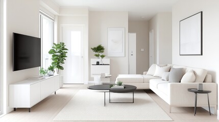 Modern, bright living room, minimalist design.  Spacious and airy, featuring neutral color palette, clean lines, and natural elements