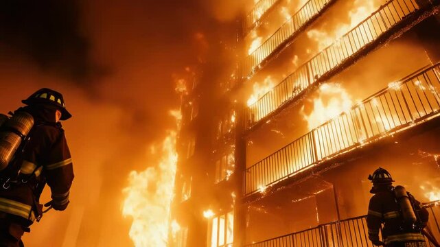 Firefighter stands outside burning building, ready to respond