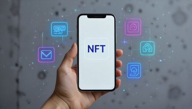 A person holds a smartphone displaying the acronym NFT against a blurred background of neon digital icons, suggesting a focus on blockchain technology and digital assets. - Powered by Adobe