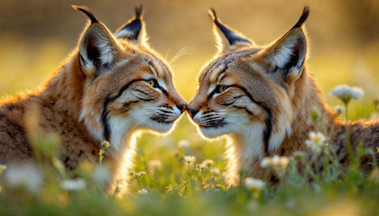 Fototapeta premium Two lynxes engage in a gentle greeting in a sunlit meadow during golden hour