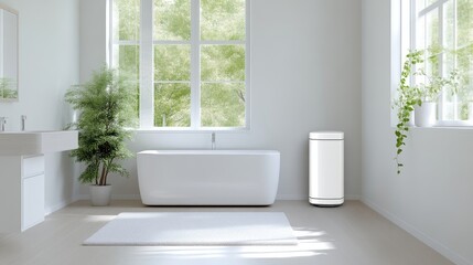 Fototapeta premium Modern white bathtub and cylindrical air purifier in a bright minimalist bathroom with large window.