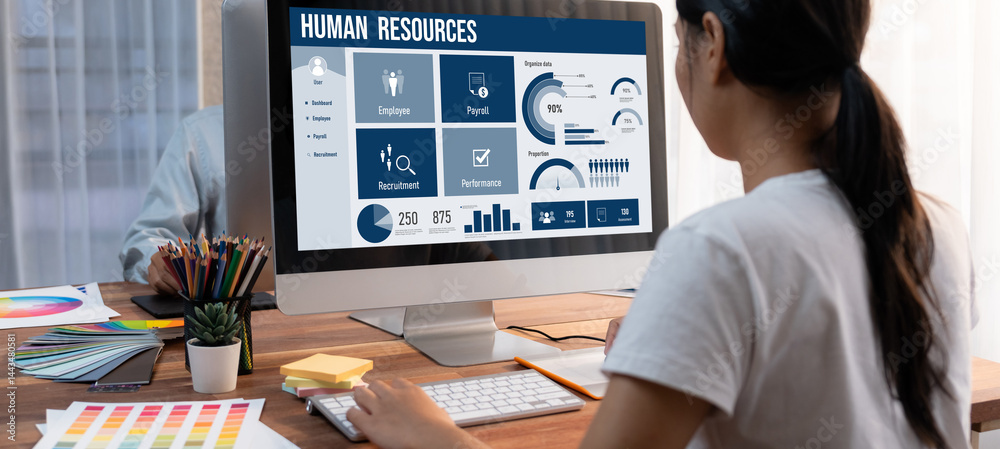 Poster human resources management software on computer screen helping human resources employee to manage re