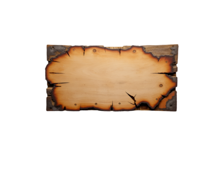 Rustic wooden sign with burnt edges and visible cracks showcases a vintage aesthetic ideal for diverse design projects and creative compositions, perfect for adding a touch of history