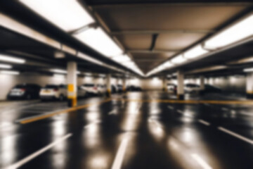 underground garage blur, showing a large mall car park, slightly dark lighting without people, blur parking theme