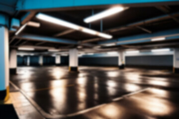 underground garage blur, showing a large mall car park, slightly dark lighting without people, blur parking theme