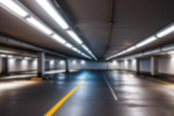 Fototapeta premium underground garage blur, showing a large mall car park, slightly dark lighting without people, blur parking theme