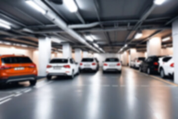 underground garage blur, showing a large mall car park, slightly dark lighting without people, blur parking theme