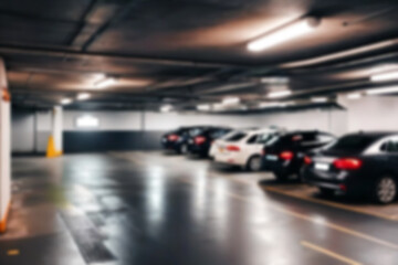 underground garage blur, showing a large mall car park, slightly dark lighting without people, blur parking theme