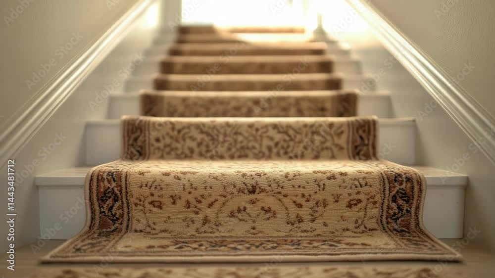 Poster A set of stairs with a carpeted runner, suitable for use in interior design or architecture projects