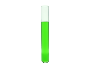 Single slender test tube filled with vibrant electric green liquid, illustrating scientific research and laboratory experimentation in a minimalist style