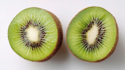 Fototapeta premium Freshly Cut Kiwi Fruit Halves with Green Flesh and Seeds