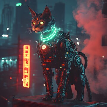 Um gato cyberpunk com olhos cibern&eacute;ticos brilhantes, posando em um beco escuro iluminado por letreiros de neon.