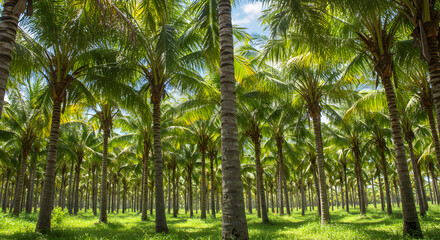 Obraz premium Lush Green Palm Tree Forest With Blue Sky and Sunlight Filtering Through Leaves in a Tropical Environment