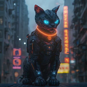 Um gato cyberpunk com olhos cibern&eacute;ticos brilhantes, posando em um beco escuro iluminado por letreiros de neon.