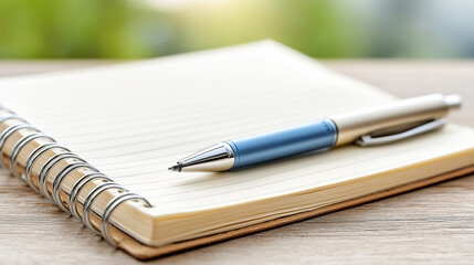 Open notebook with lined pages and a silver and blue pen lying on top. Set on a wooden table against a blurry green background.