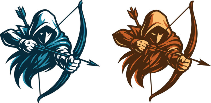 Set of Archer mascot logo designs, vector illustrations.  A set of archers in a hood, aiming with a bow and arrow, isolated on white background.