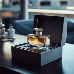 Elegant glass perfume bottle in an open gift box, showcasing its luxurious design and amber fragrance.