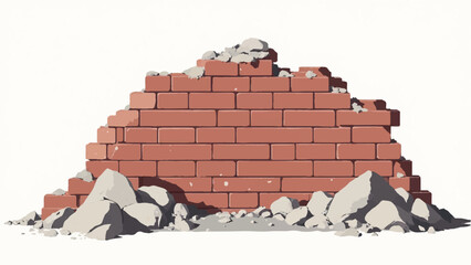 Ruined brick wall isolated on white background. Broken brick wall. Crumbling brick wall. Vector illustration.