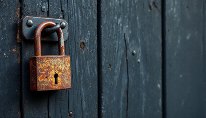 Weathered gray wooden door with rusty padlock, soft lighting highlighting textures.

