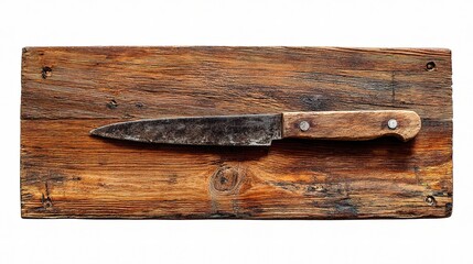 Rustic Kitchen Knife on Weathered Wooden Cutting Board Surface