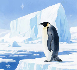 Obraz premium Emperor Penguin on Frozen Ice with Giant Snowflake