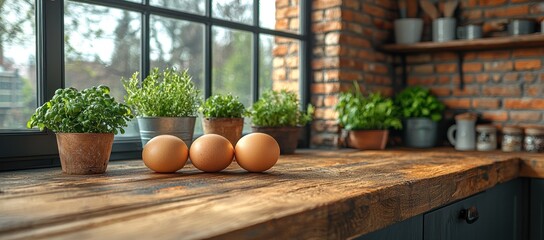 Three eggs and potted herbs on rustic kitchen counter by window.