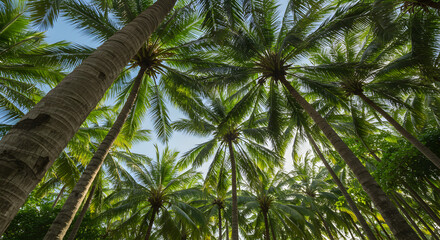 Fototapeta premium Lush Green Palm Trees Reaching Towards a Clear Blue Sky in Tropical Paradise Bathed in Warm Sunlight
