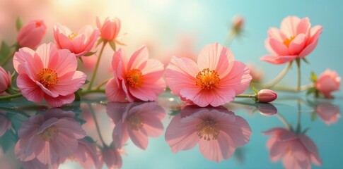 Abstract composition of summer flowers mirrored, delicate and vibrant , art, white