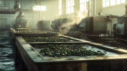 Obraz premium Realistic high-resolution image of a tea factory where leaves are being withered and oxidized on large metal trays