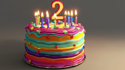 Colorful birthday cake with lit candles, celebrating second birthday, studio shot