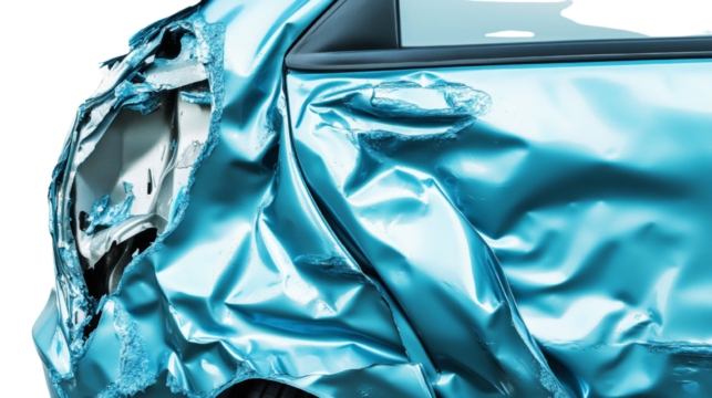 Wrecked turquoise metallic car, isolated on transparent, representing damage, loss, and safety concerns after a traffic accident