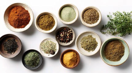 Assorted Spices and Herbs in Decorative Bowls on White Background