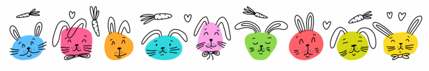Horizontal vector collection of various rabbit faces, hand drawn in doodle style
